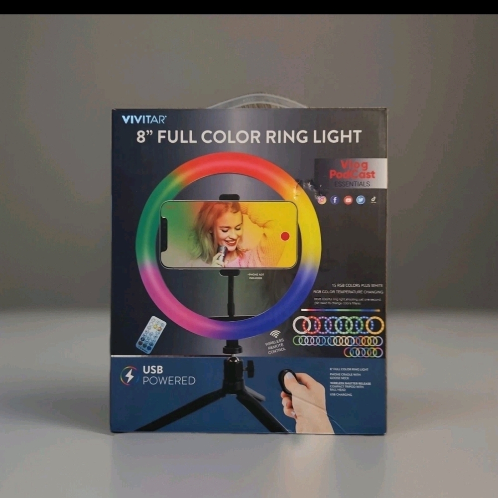 Vivitar 8” Full Color RGB Ring Light USB Tripod Remote Vlogging LED NIB